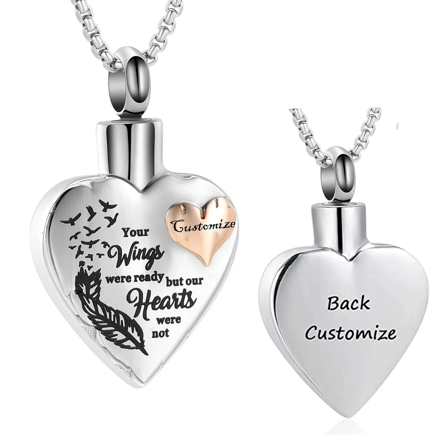 Personalized Engrave Heart with Angel Wing Print Cremation Jewelry for Ashes Holder Urn Necklace for Ashes of Loved One