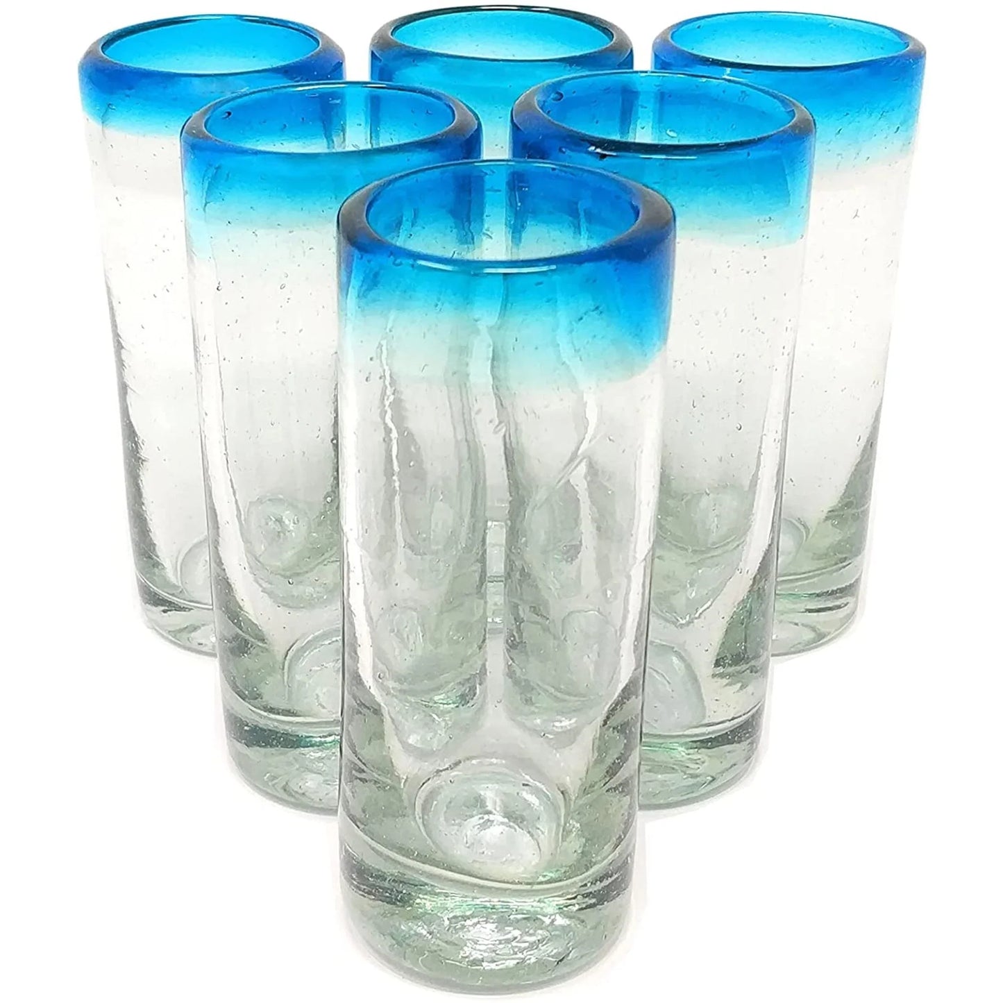 Hand Blown Tequila Shot Glasses – Set of 6 Aqua Rim Tequila Shot Glasses 2 oz.