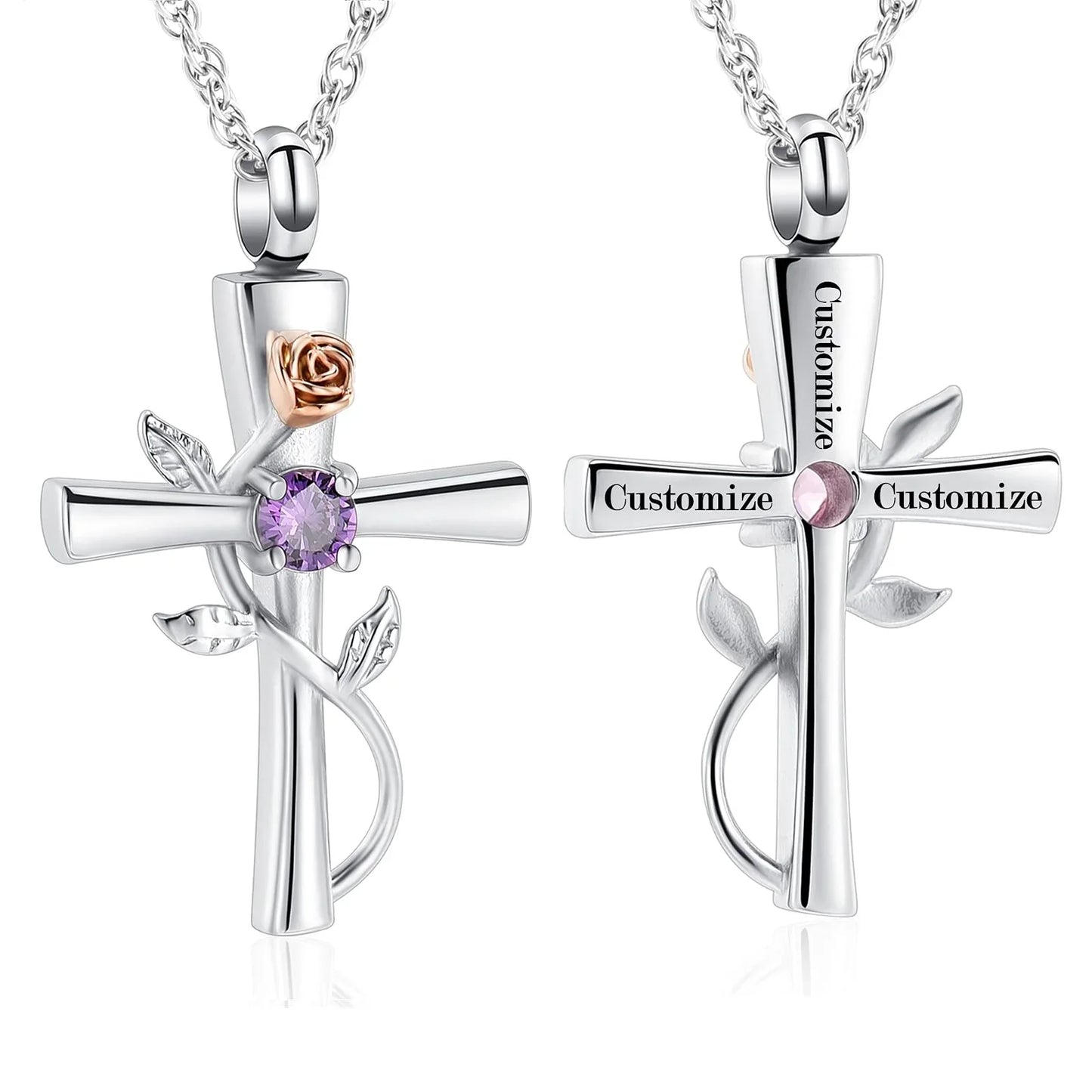 Personalized Ash Necklaces Cross with Birthstone Rose Cremation Jewelry for Ashes Holder Necklace Urn Pendants with Chain