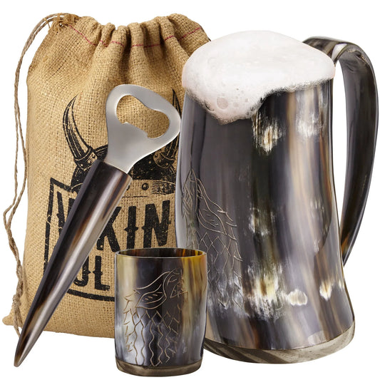 Viking Culture Ox Horn Mug, Shot Glass, and Bottle