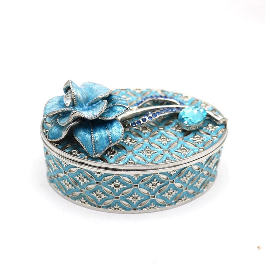 Vintage Oval Metal Craft Jewelry Box With Blue Rose